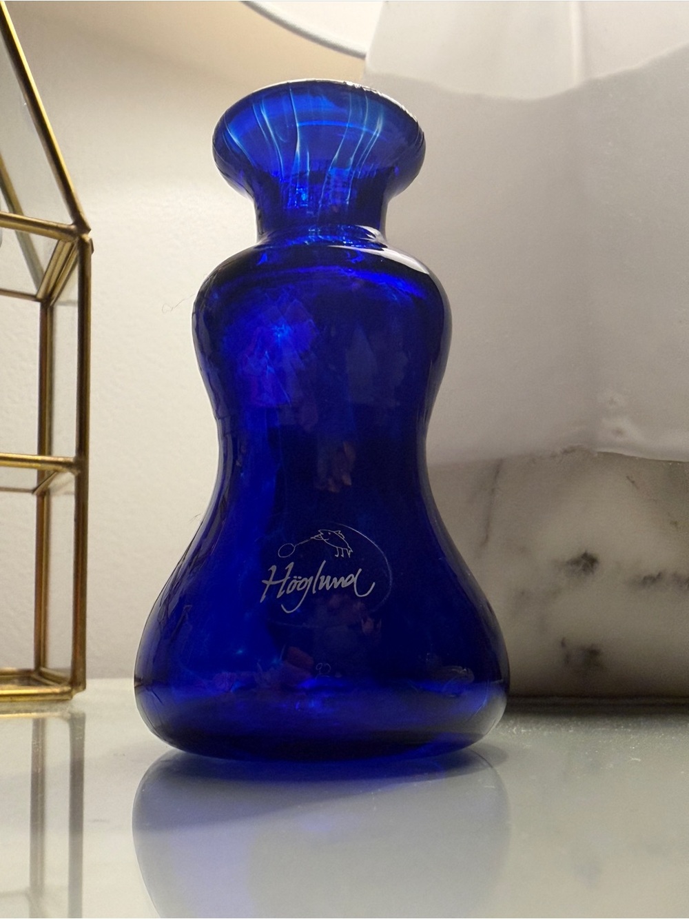 Vintage O&M Höglund NZ 1992 Art Glass Bottle Cobalt Blue Signed MCM 3.5”